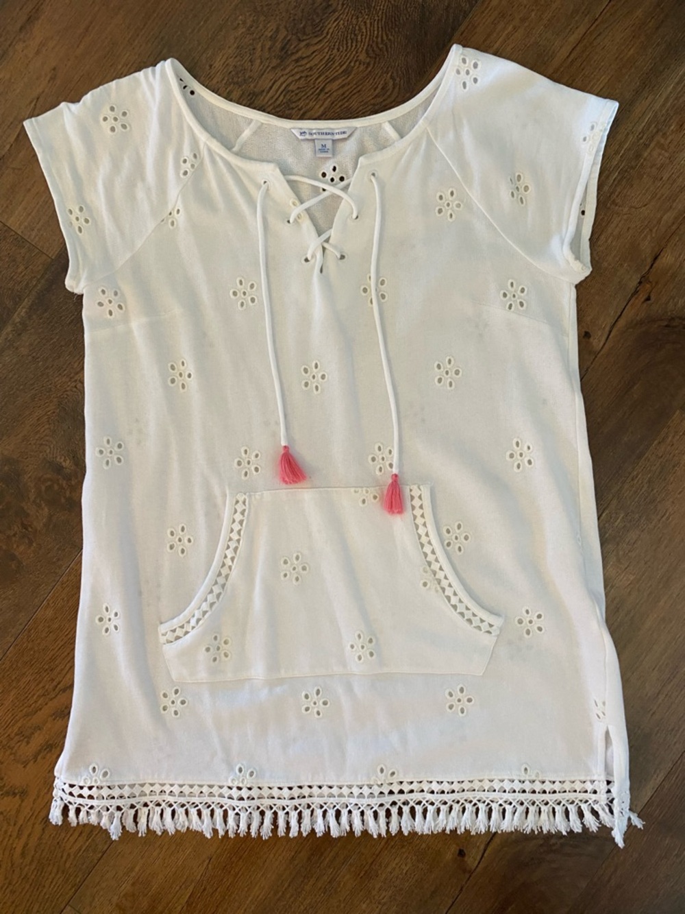 Southern Tide White Eyelet Lace-Up Tunic/Coverup with Pink Tassels, never worn